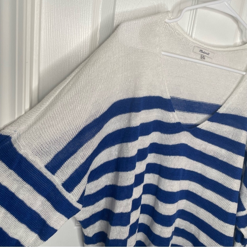 Madewell Linen V-Neck Sweater Beach Vacation Preppy in Sapphire Blue Stripe 2X - Picture 7 of 14